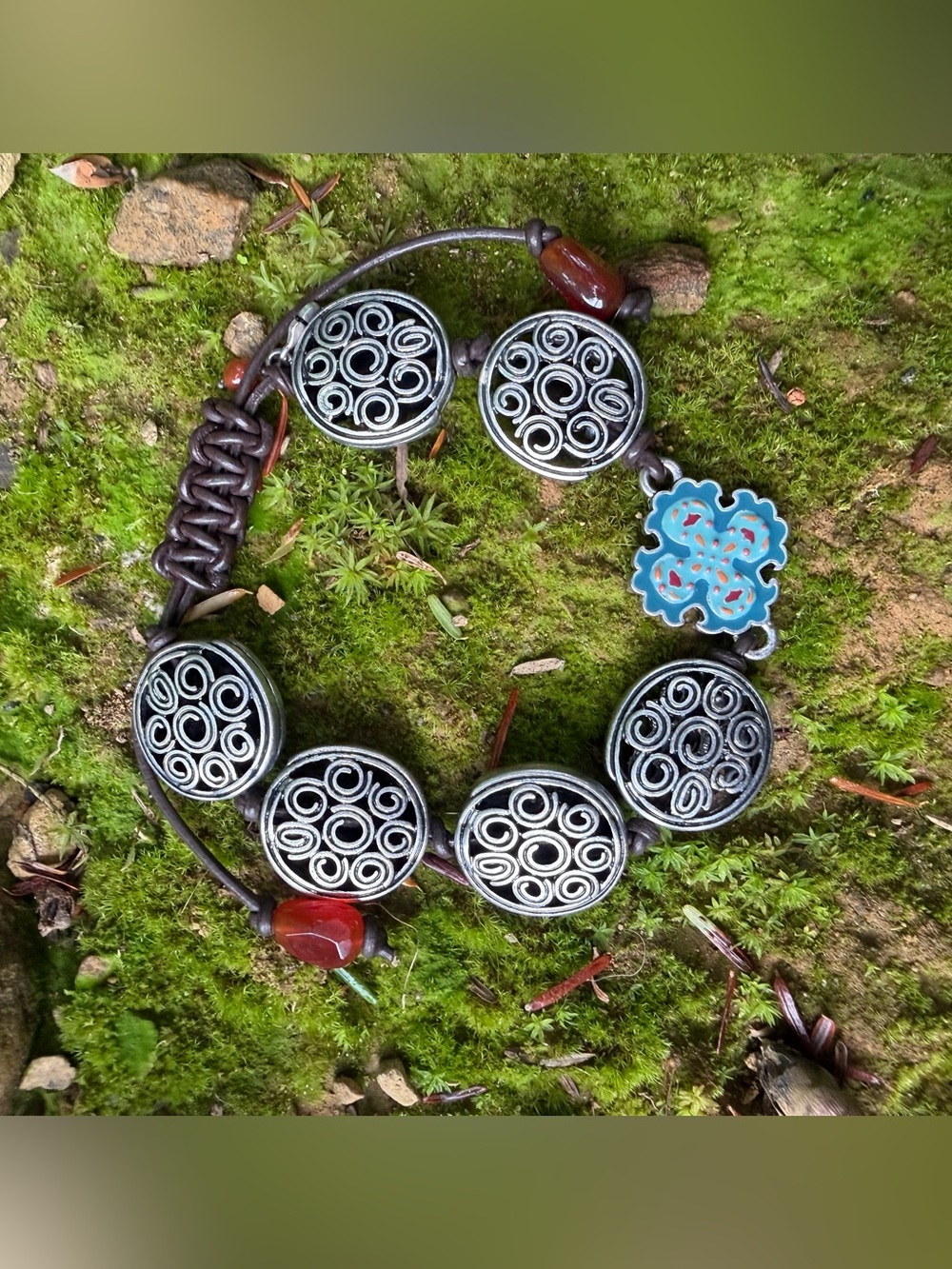 Lucky Brand Silver-Tone Swirl Disk Bracelet with Turquoise Enamel Flower Accent